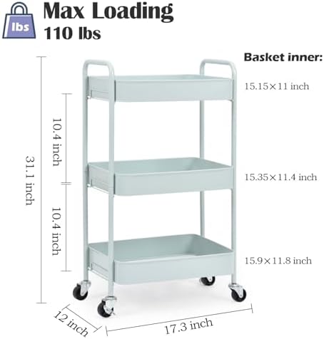 3-Tier Metal Rolling Cart with Wheels, Storage Utility Organizer Cart for Kitchen, Bathroom, Office, Baby Essentials & Makeup - Lockable Casters, Easy Assembly, Large Capacity, Green