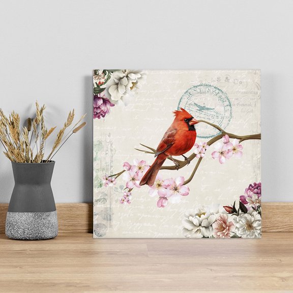 Spring Red Bird Wall Art Painting on Canvas, Summer Vintage Branch Floral Beige Canvas Art Home Prints Wall Art Framed Modern Artwork for Living Room Bedroom Wall Decor 12x12in