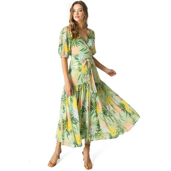 Flying Tomato Women's Soft Floral Tropical Midi Dress (S, Sage)