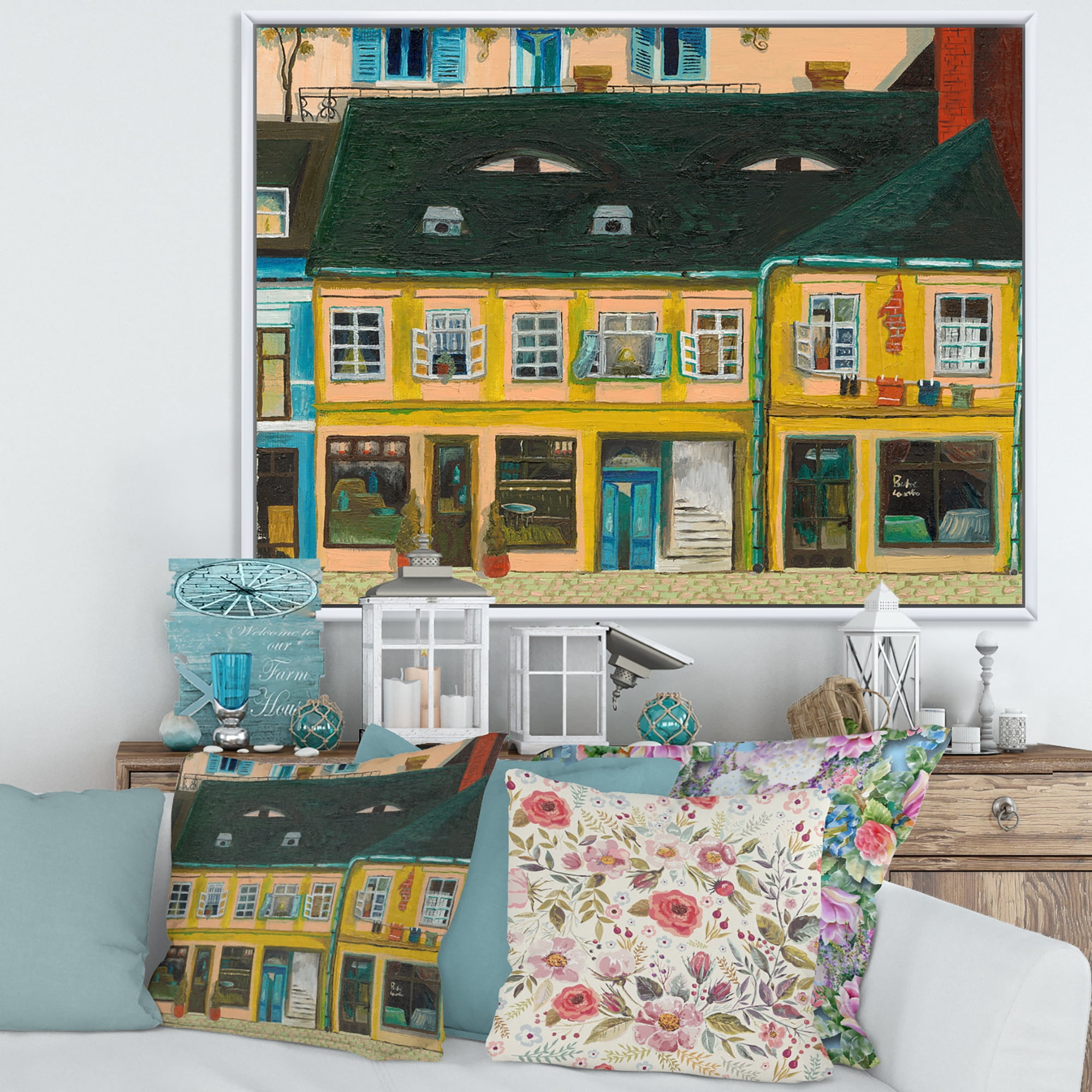 Designart 'Abstract Yellow Facade of Houses In Street In Paris' French Country Framed Canvas Wall Art Print