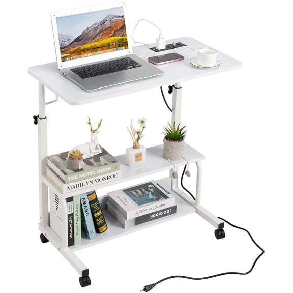 FCH 31.5" Mobile Small Standing Desk, Adjustable Height Mobile Computer Desk, w/2 AC Outlets 3 USB Ports & Hooks, Storage Shelves, Suitable for Gaming, Studying, Home Office, White