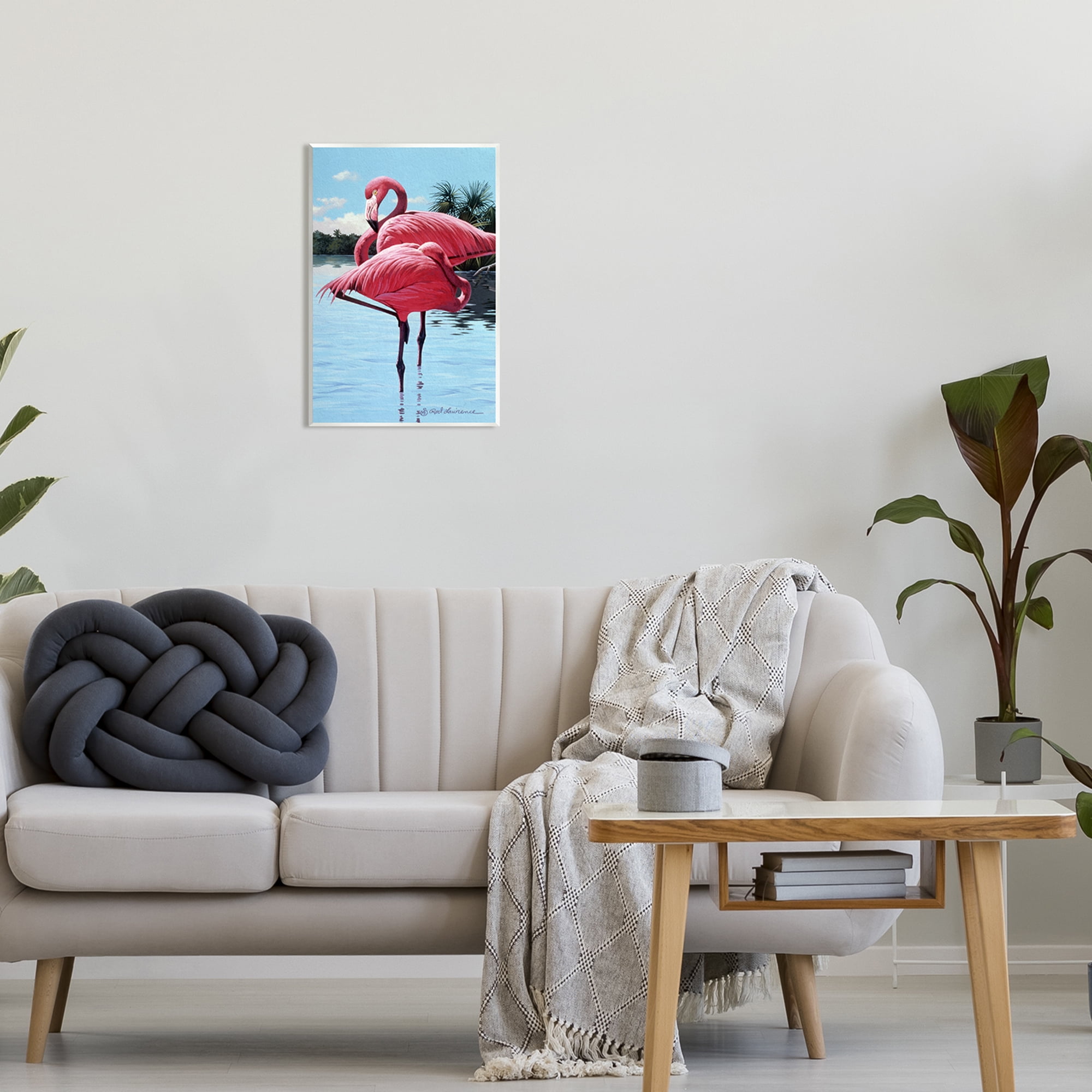 Stupell Industries Flamingos Balancing on Shore Animals & Insects Painting Unframed Art Print Wall Art, 13 x 19
