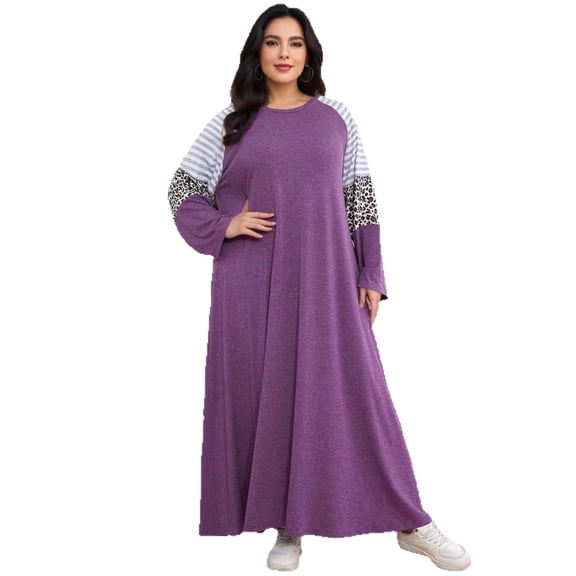 AURA Women Plus Size Modest Long Sleeve Maxi Dress Purple Patchwork Casual Abaya Style