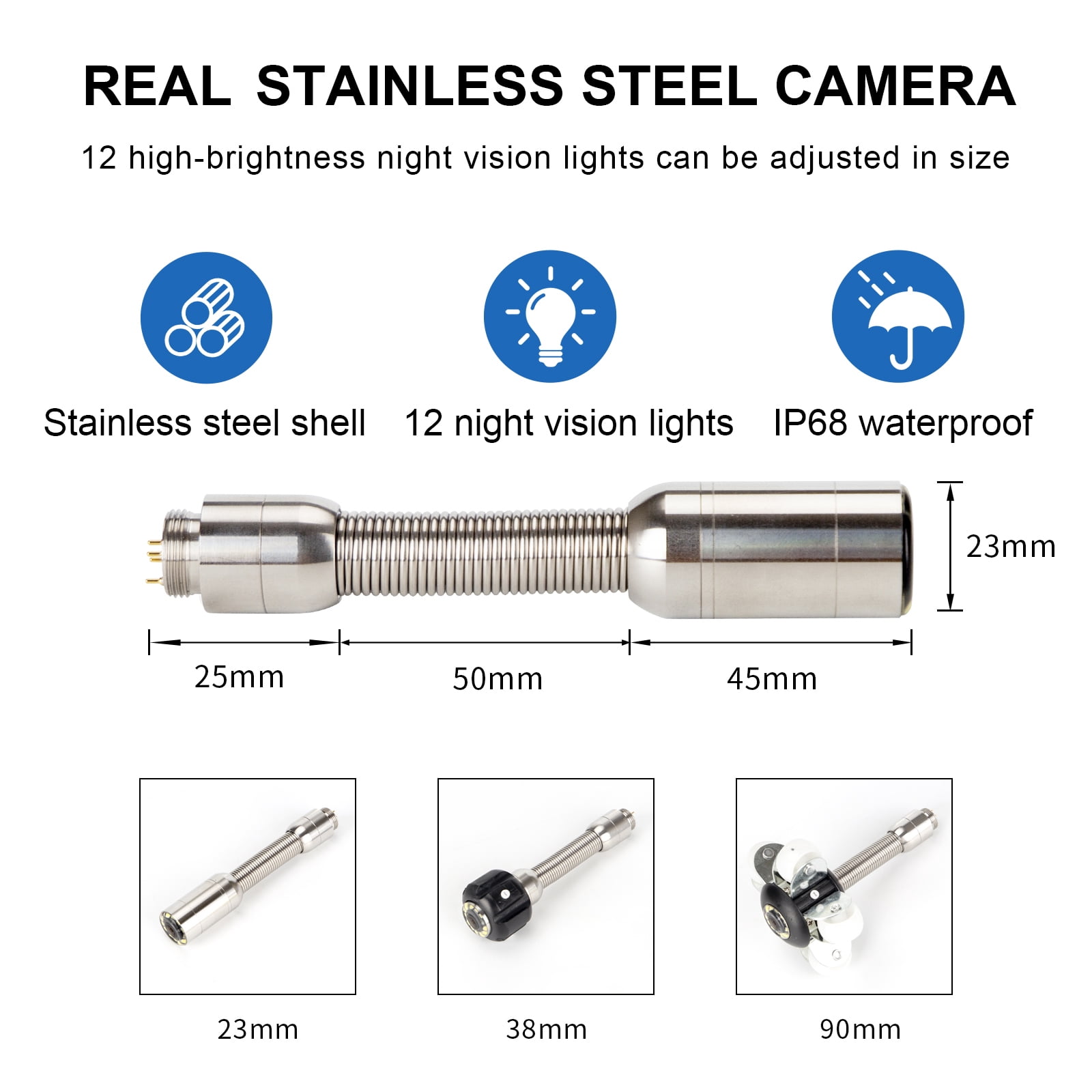 Eccomum Borescope, 9”Industrial  Camera with Light,1080P  Inspection Camera,IP68 Waterproof Snake Camera with 12 LED Lights,Scope Camera for Home/Pipe/Automotive(65.6FT/ 98.4FT/164FT)