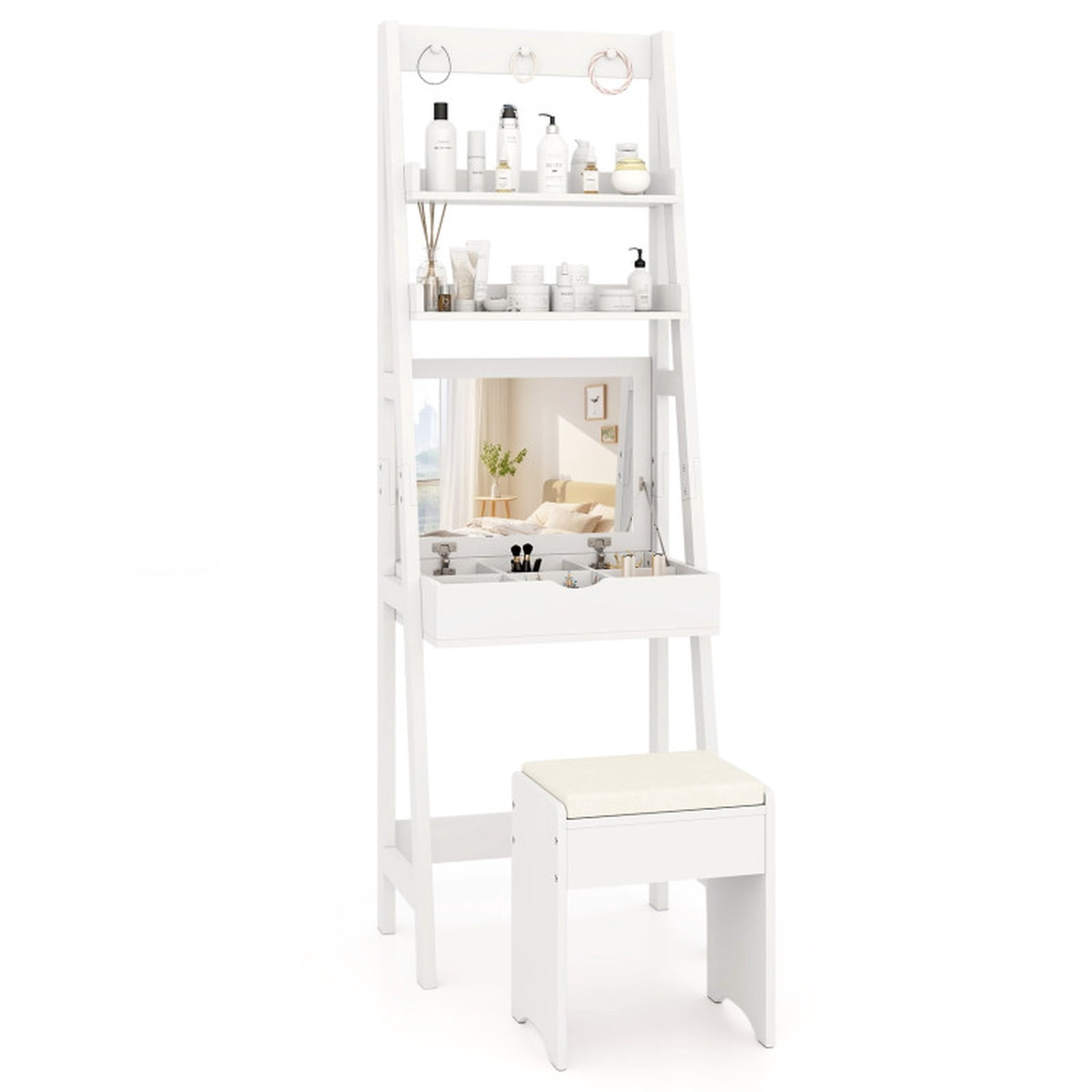 Furnibear Vanity Desk Set with Flip Top Mirror Hidden Storage Compartments and Cushioned Stool for Bedroom Makeup Dressing Room Vanity Desk, White