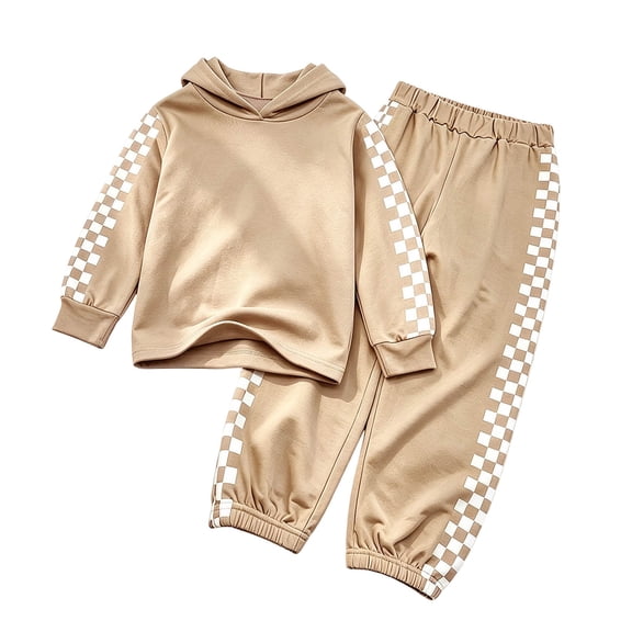 OYXSER Girls 2 Piece Plaid Lounge Set Cropped Hoodie and Sweatpants Jogger Pants Activewear Outfit, Khaki 5-6Y