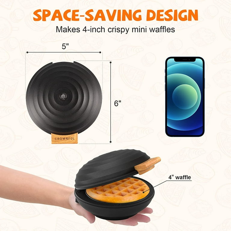 Crownful Mini Waffle Maker Machine, 4 Inches Portable Small Compact Design, Easy to Clean, Non-Stick Surface, Recipe Guide Included, Perfect for