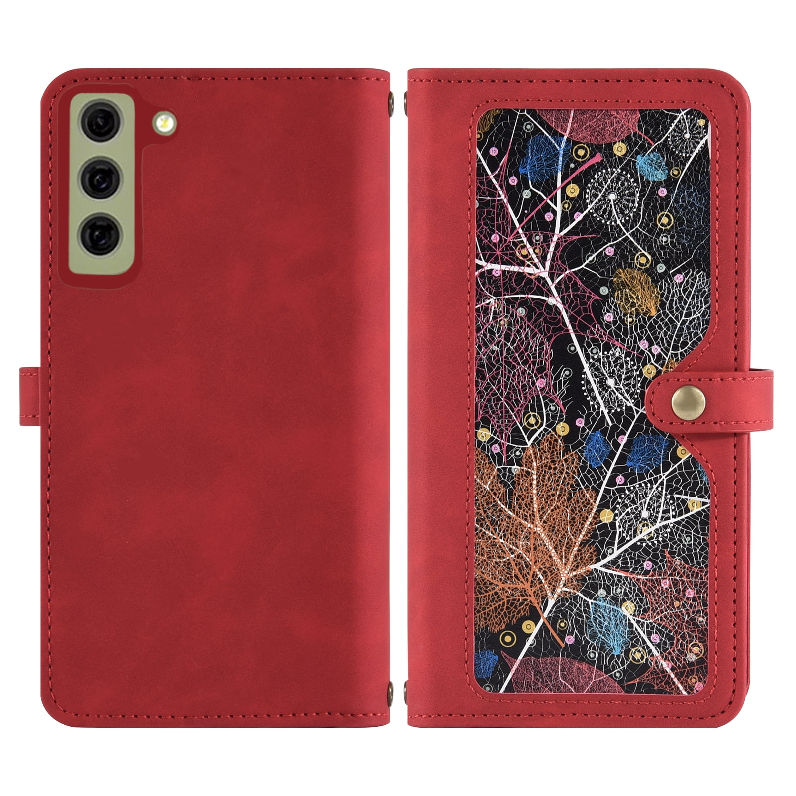 Asuwish Phone Case for Samsung Galaxy S21 FE 5G Wallet Cover With Tempered Glass Screen Protector Wrist Strap Flip Pattern Zipper Credit Card Holder Cell S 21 EF S21FE5G UW S21FE 21S G5 6.4 inch Red