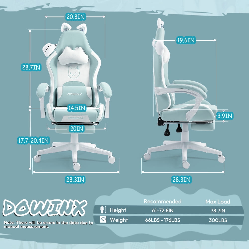 GOOSEA Gaming Chair with Cat Ears, Massage Lumbar & Footrest - Ergonomic Reclining Computer Chair for Girls, 290LBS, Green