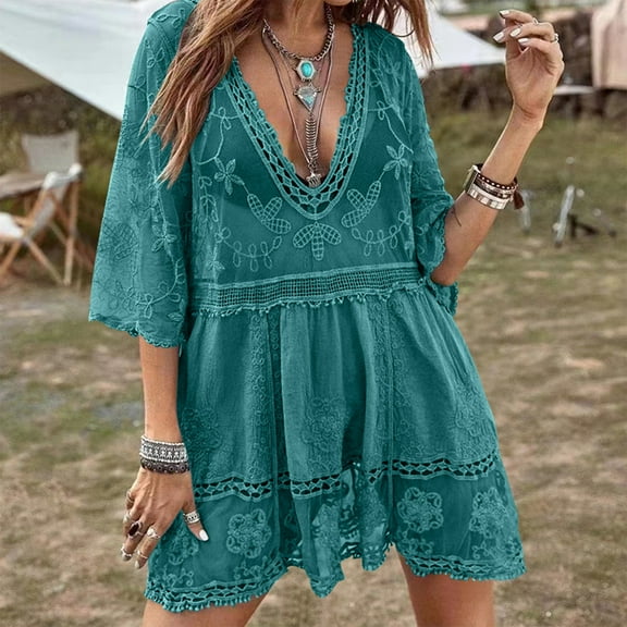 Taylonsss Womens Casual Tunic Dress Solid Color V Neck Lace Trim Loose Fit Outdoor Resort Wear Beach Cover Up