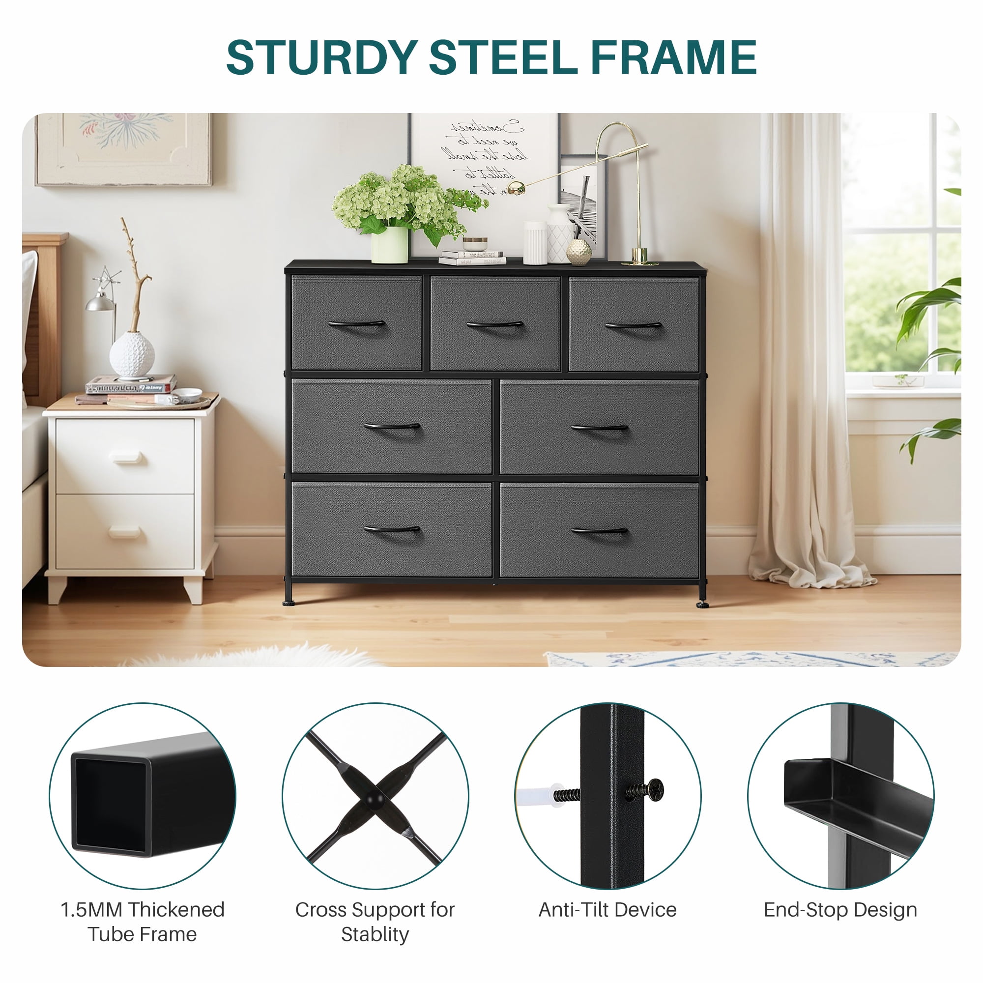 Nextay 7-Drawer Fabric Dresser TV Stand for 45" TV, Storage Dresser Closet with Steel Frame & Wooden Top for Living Room, Dressing Room, Entryway, Grey