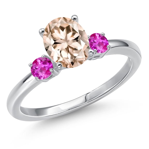 Gem Stone King 14K White Gold Peach Morganite and Pink Sapphire Engagement Ring for Women | 1.27 Cttw | Oval 8X6MM | Gemstone October Birthstone | Size 8
