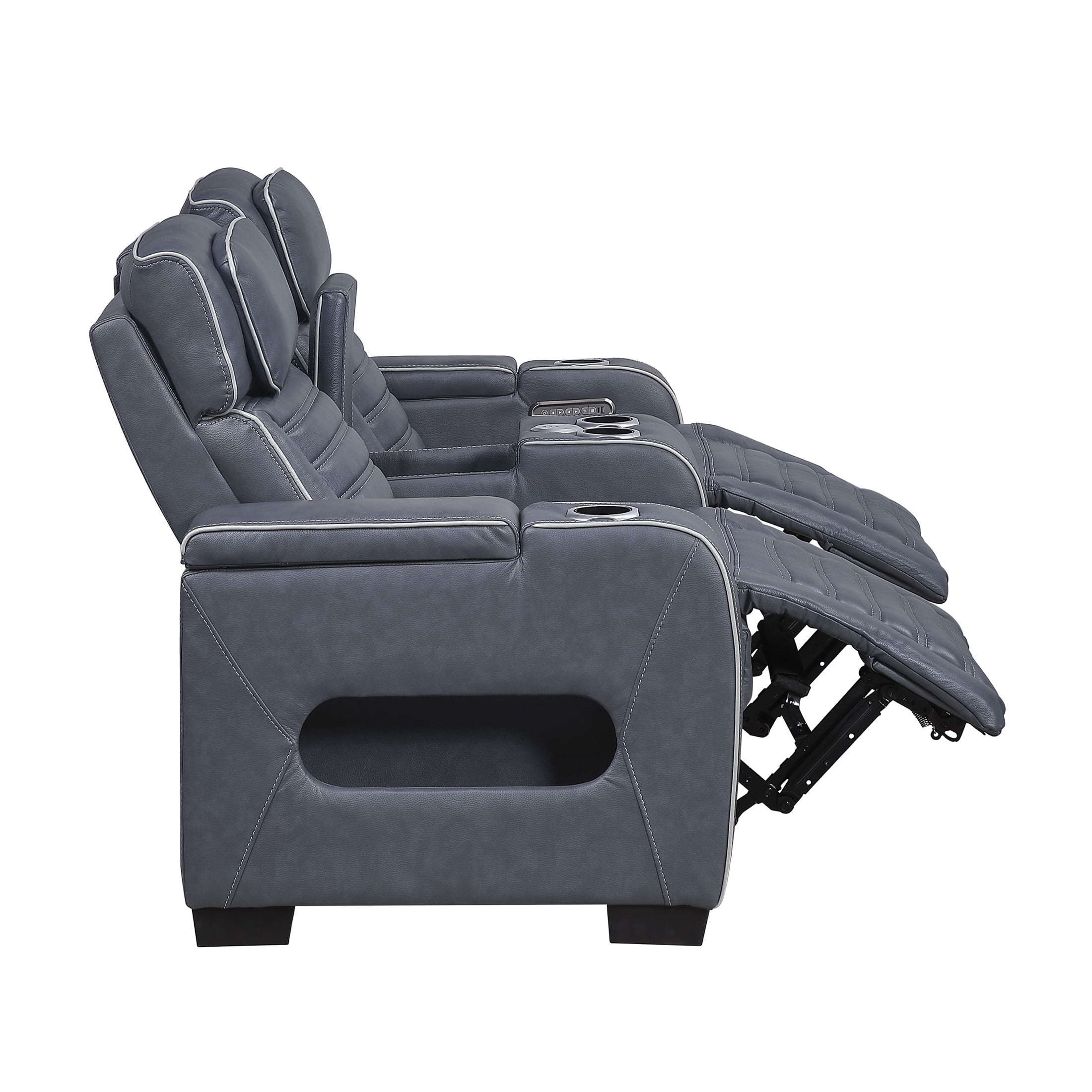 OakvillePark Elantra Leather Match Power Double Reclining Love Seat with Center Console/Power Headrests/Storage Arms/Cup Holders/Wireless speakers/Air Massage/Heat/LED Lighting/Charging Ports, Blue
