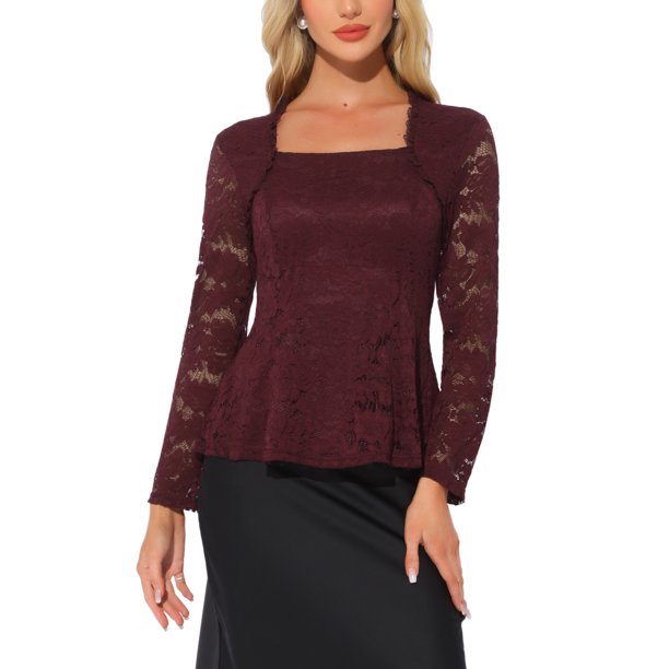Blusas de encaje para mujeres, cuello cuadrado, de manga larga, elásticas, elegantes y casuales, con peplum, talla XS, rojas
