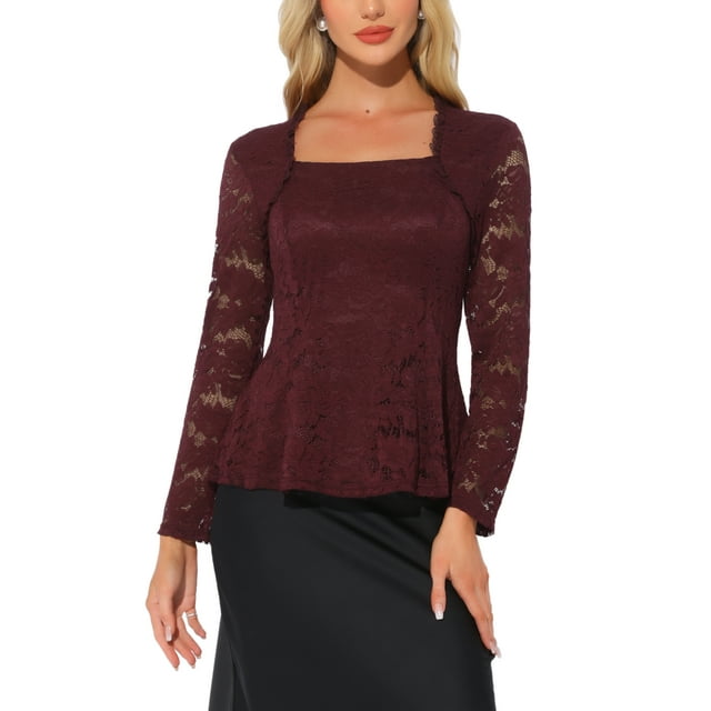 Blusas de encaje para mujeres, cuello cuadrado, de manga larga, elásticas, elegantes y casuales, con peplum, talla XS, rojas