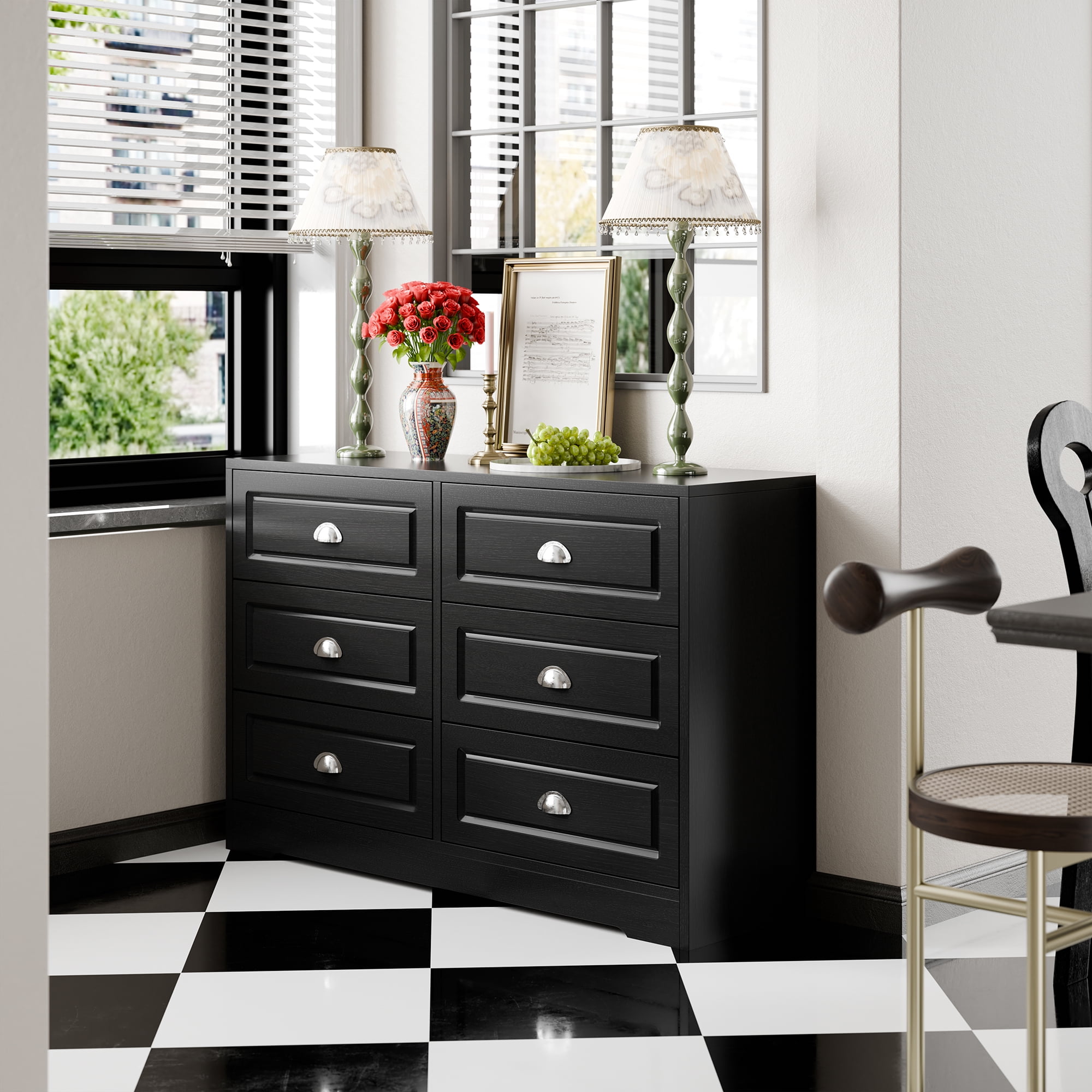Walsunny 6 Drawer Wooden Dressers for Bedroom Adult with Metal Handles Modern Chest of Dresser Organizer Wood Storage Cabinet Black