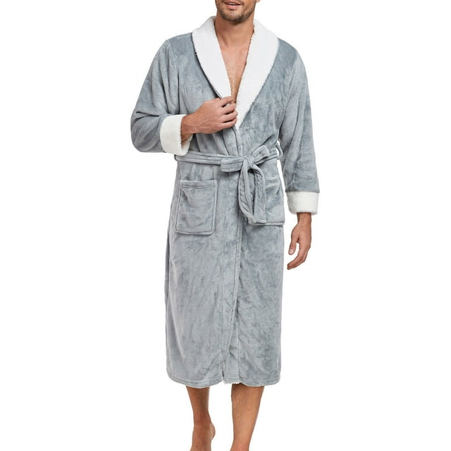 Men's Solid Color V-Neck Long Sleeve Pajama Robe with Pockets and Binding Rope - Comfortable Polyester Loungewear for Home