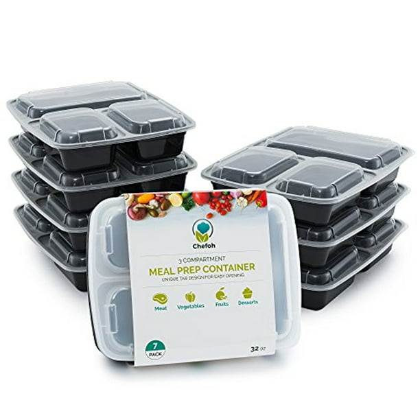 7-Pack 3 Compartment Reusable Microwavable Meal Prep Containers with