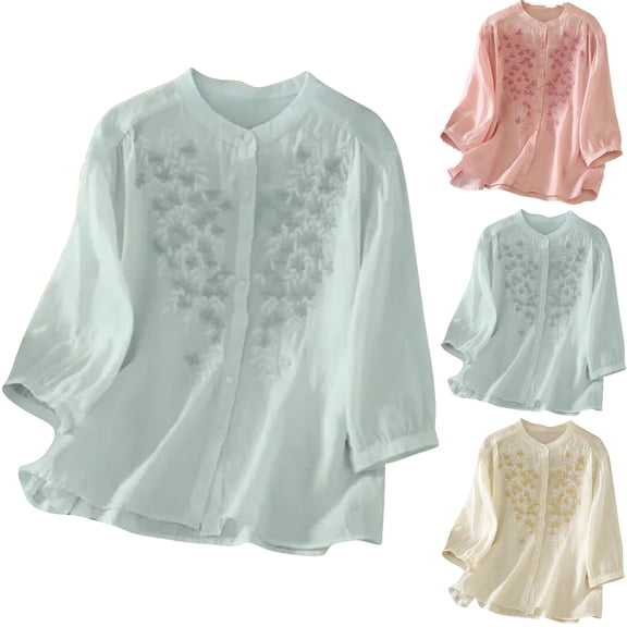Summer Shirts for Women Cotton Linen 3/4 Sleeve Embroidered Lightweight Tunic with Button Front