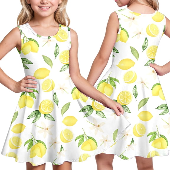 SOFTCCLO Dresses for Girls Sleeveless Crew Neck Lemon Print Fresh Casual Dress for Summer Daily Wear Size 11-12Y
