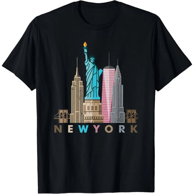 Playera de Mujer con Skyline de NYC y Estatua de la Libertad, Talla Extra Grande, Color Negro
