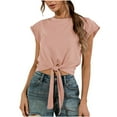 thumbnail image 3 of Mittory Womens Tie Knot Front Cropped T-Shirt Summer Casual Crew Neck Rolled Short Sleeve Crop Tops Tees, 3 of 4