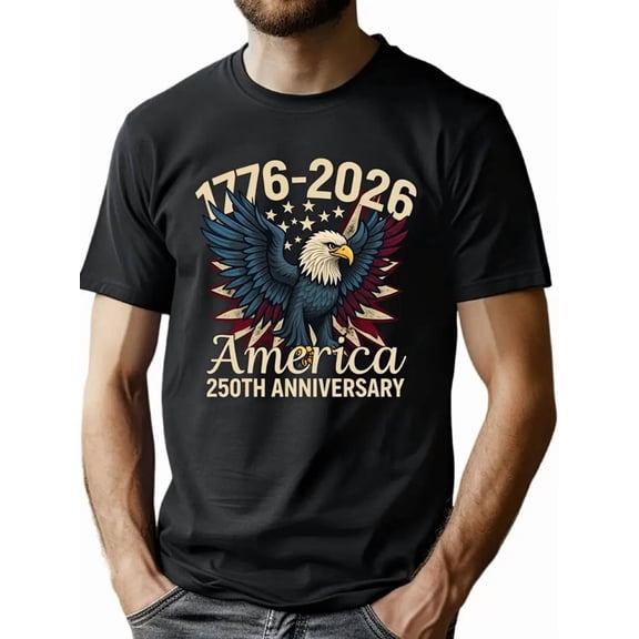 Men's & 1776-2026 America 250th Anniversary T-Shirt - 250 Years of Independence Eagle & 50 Stars Flag Print, Soft Cotton Crewneck Casual Tee for Fourth of July, Daily Wear