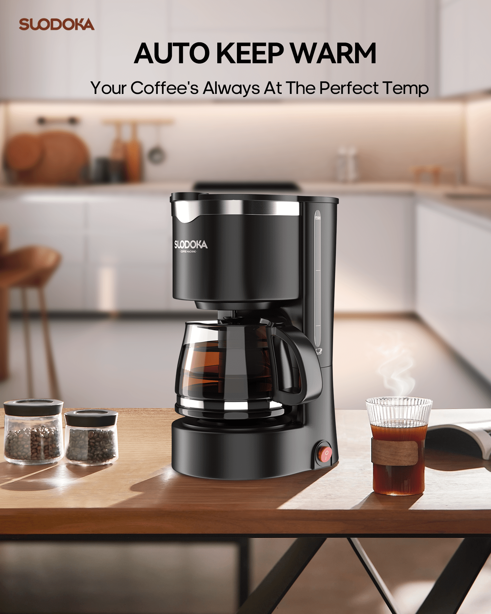 Suodoka Drip Coffee Maker, Easy Brew Compact Size, with Glass Carafe, Removable Filter, Black, New