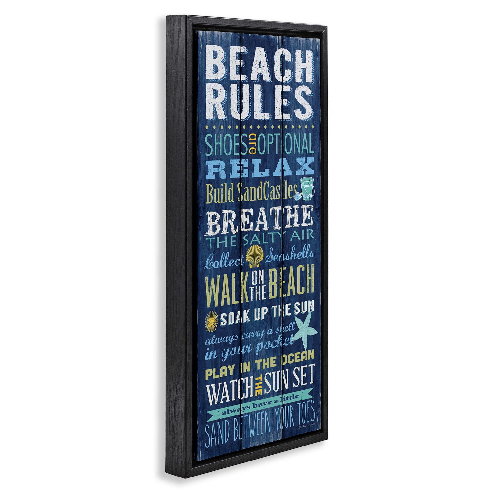 Stupell Industries Blue Planked Beach Rules Sign Nature Painting Black Floater Framed Canvas Art Print Wall Art, 11 x 25