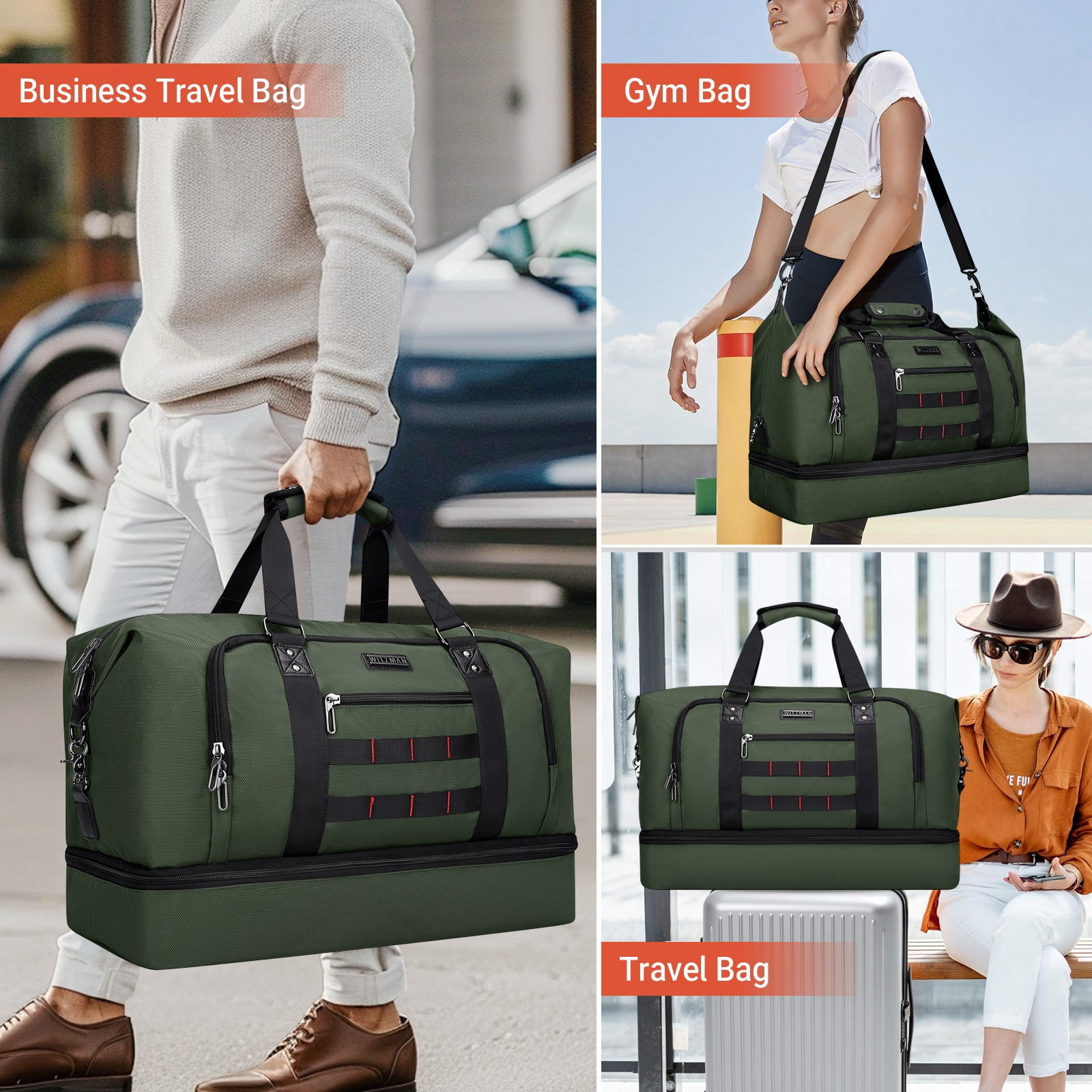 WITZMAN Travel Duffle Bags for Men Weekender Bags with Toiletry Bag Sets Carry on Overnight Bag 55L（B696 Army Green）