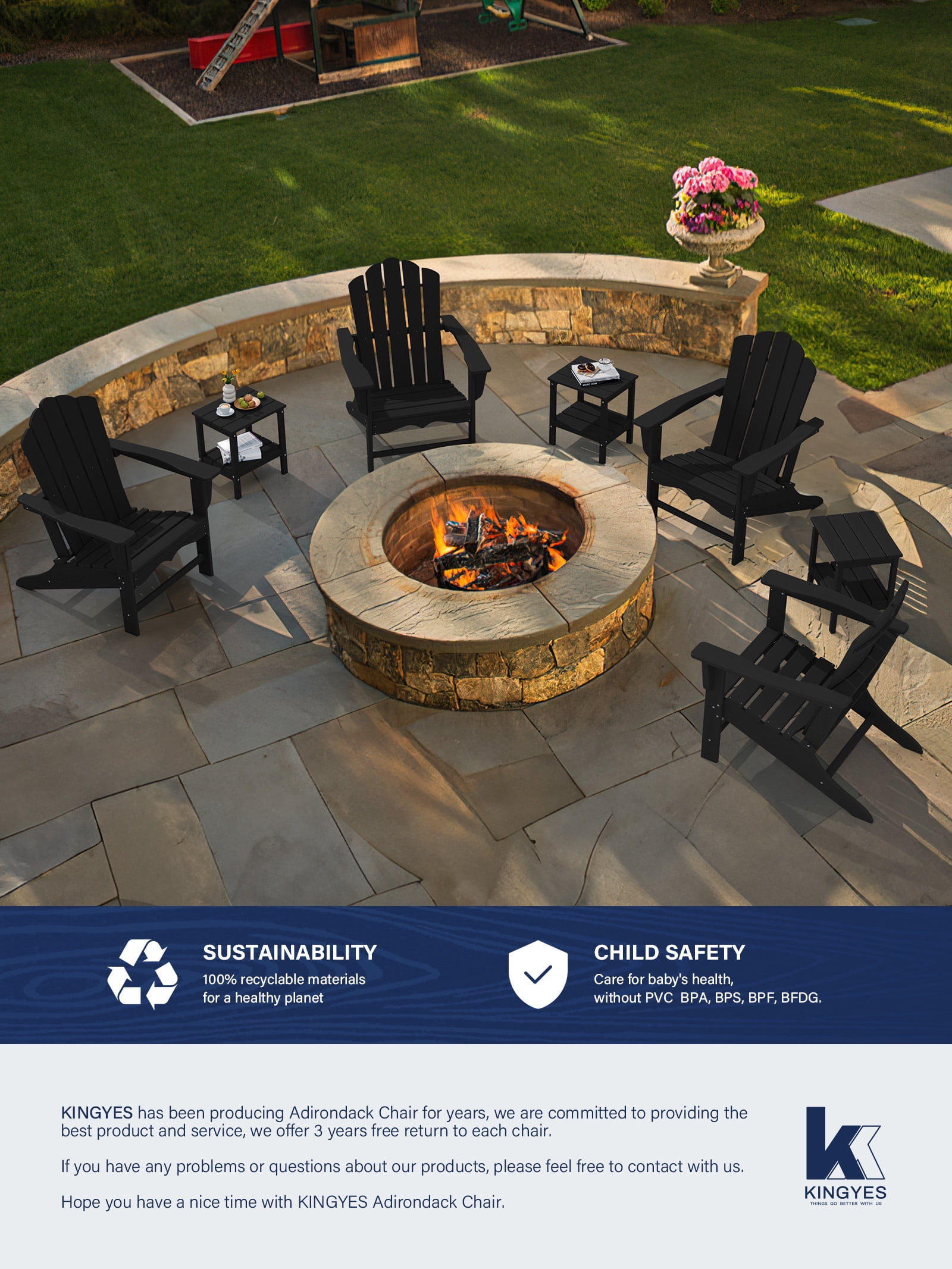 KINGYES HDPE Adirondack Chair, All-Weather Outdoor Fire Pit Chairs for Patio Deck Lawn, Black