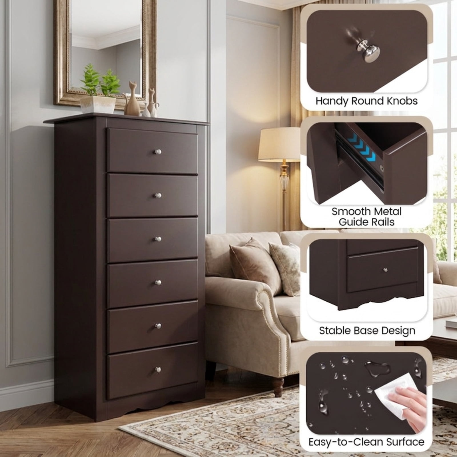 Furnibear 6 Drawers Chest Dresser Clothes Storage Bedroom Furniture Cabinet for Home Office Mobile Storage Cabinet with Wheels, Brown