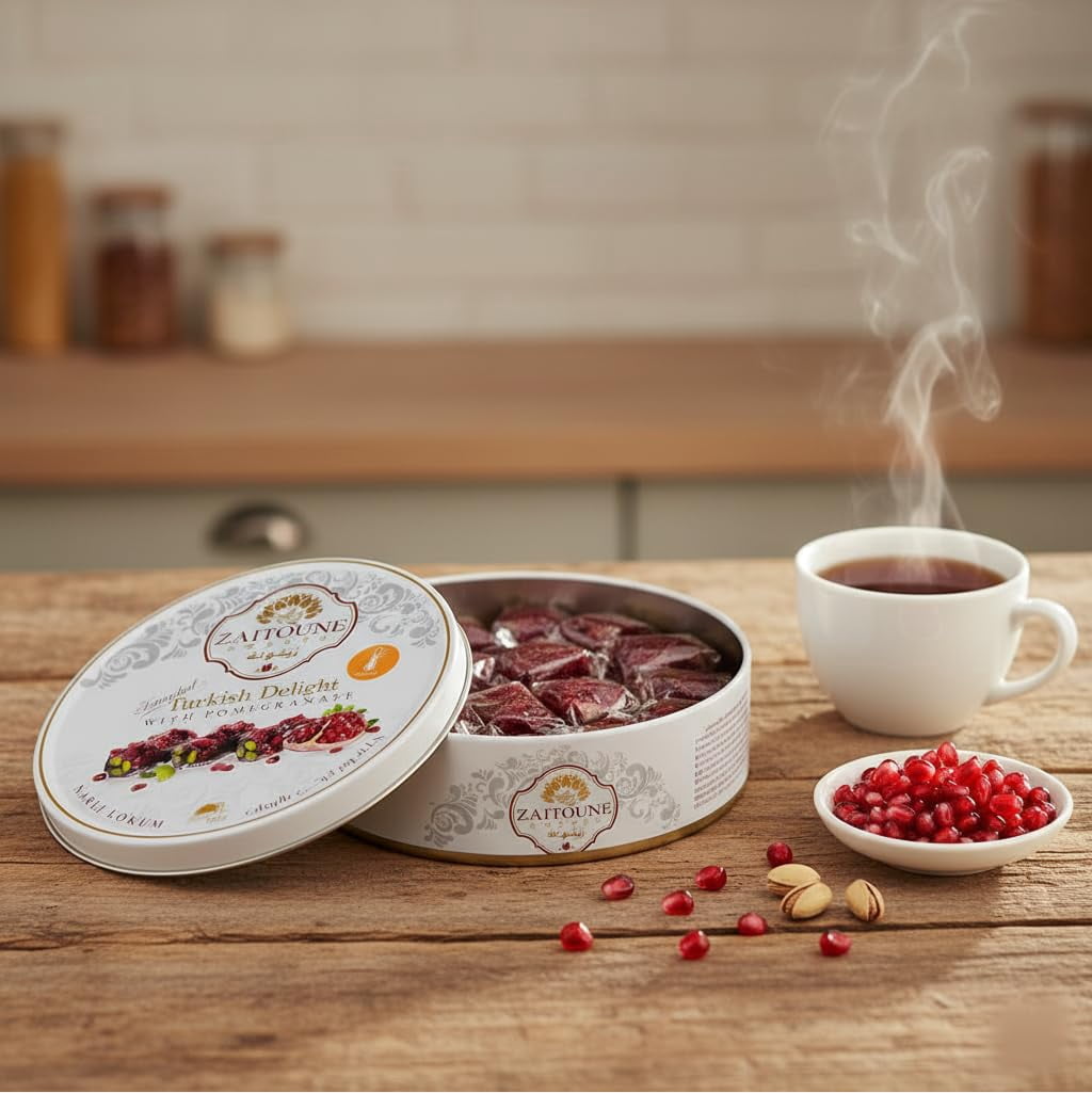Zaitoune Pomegranate Covered Turkish Delight - 9 oz  Coated with Dried Pomegranate Seeds & Individually Wrapped