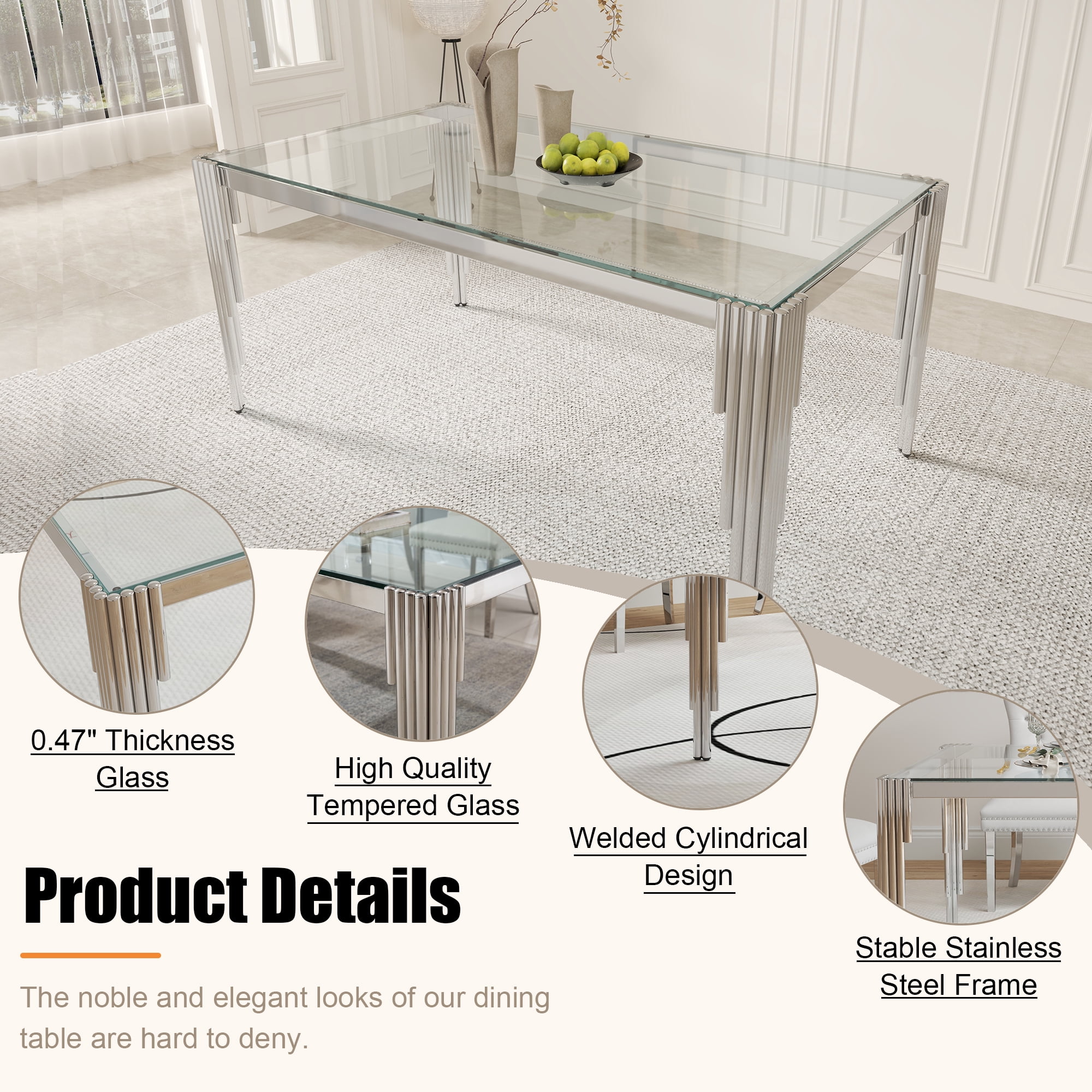 65" Rectangular Clear Tempered Glass Dining Table for 4-6 People, Modern Kitchen Table with Irregular Stainless Steel Legs, Dining Table for Dining Room or Living Room