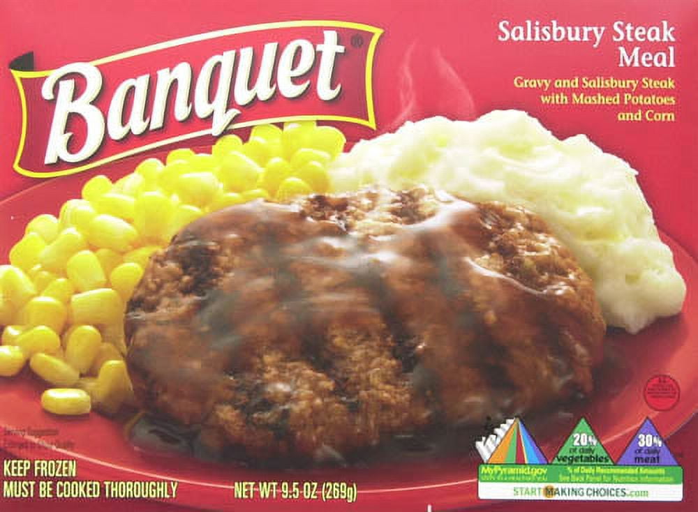 Banquet Salisbury Steak Meal with Gravy, Mashed Potatoes, and Corn, 9.5 oz, Frozen
