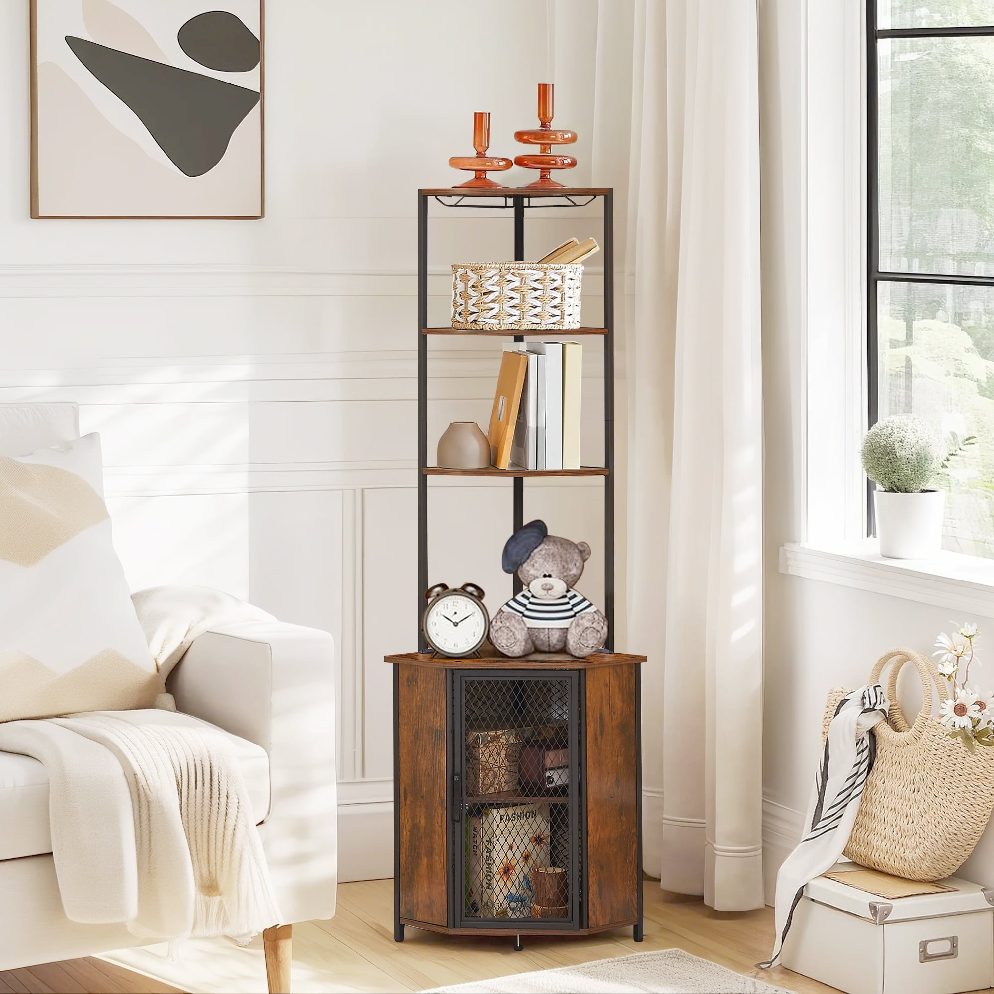 VECELO 6-Tier Corner Shelf with Storage Cabinet, Rustic Corner Bookshelf Stand Storage Rack Plant Stand for Living Room, Home Office, Kitchen, Small Space, Brown