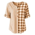 thumbnail image 4 of Womens Cotton Linen Tops Summer Elbow Length Sleeve Tshirts for Women Striped Plaid Printed Ruffled Button V Neck Top, 4 of 6