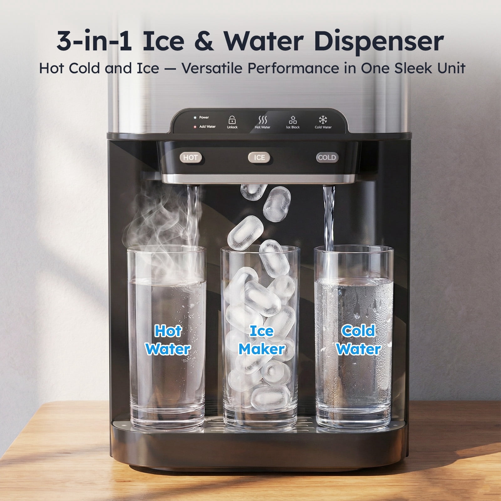Joreek 3-in-1 Water Dispenser with Ice Maker, Cold & Hot Water Dispenser with Countertop Ice Maker, Loading 3 or 5 Gallon Bottle for Home/Kitchen/Office