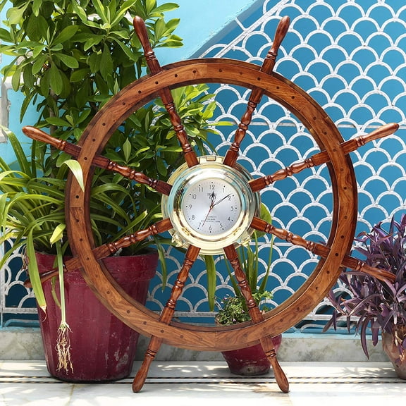 Nagina International Pirate Style Nautical Wood Crafted Ship Wheel | Teak Finish | Captain Maritime Beach Home Decor Gift (48 Inches)