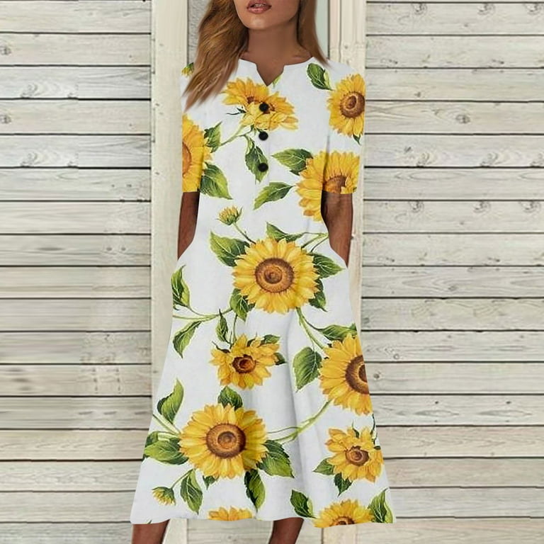 【新品タグ付き】 Sunflower-Printed Midi Dress XS SXAURA Women's V-Neck Short Sleeve Sunflower Print Dress