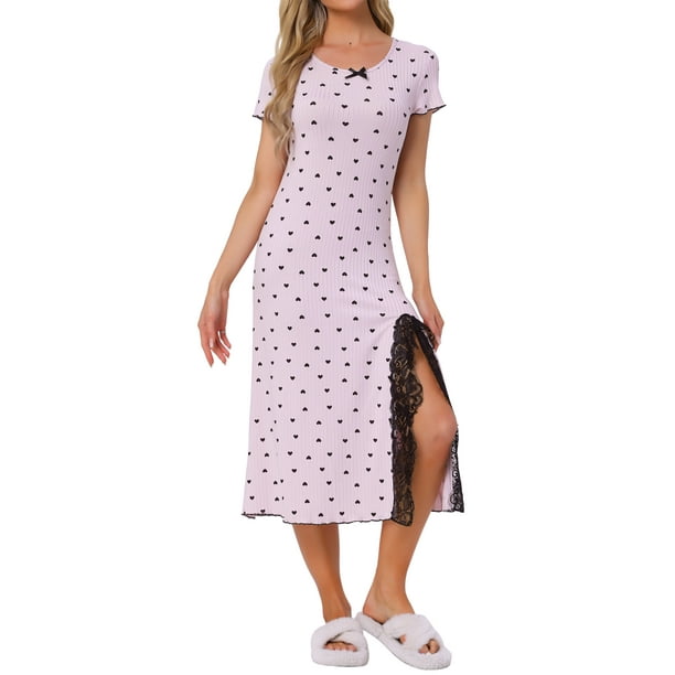 DIVA ATREVIDA Pijama de Día de la Madre para Mujeres con Mangas Cortas, Estampado de Corazones, Borde de Encaje, Camisón con Abertura Lateral, Tejido Acanalado, Largos Camisones S Púrpura