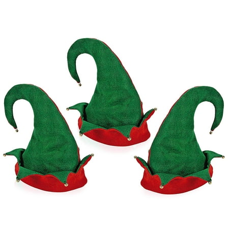 4E's Novelty Set of 3 Christmas Santa Felt Elf Hats, Great Christmas Party Costume with Jingle Bells, for Kids and Adults.