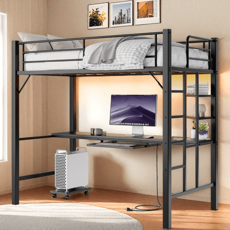 Loft Bed Twin Size with Desk,Lofka Metal loft Bed with Power Outlet, LED Lighted and CPU Station,Noise Free,Black