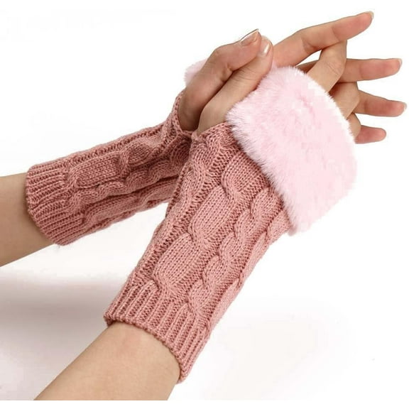 2 Pairs Pink Furry Fingerless Gloves Soft Fluffy Thumb Hole Gloves Knitting Winter Crochet Warm Arm Sleeves Faux Fur Hand Wrist Warmer Mitten Bulk for Women Typing Writing Driving Supply