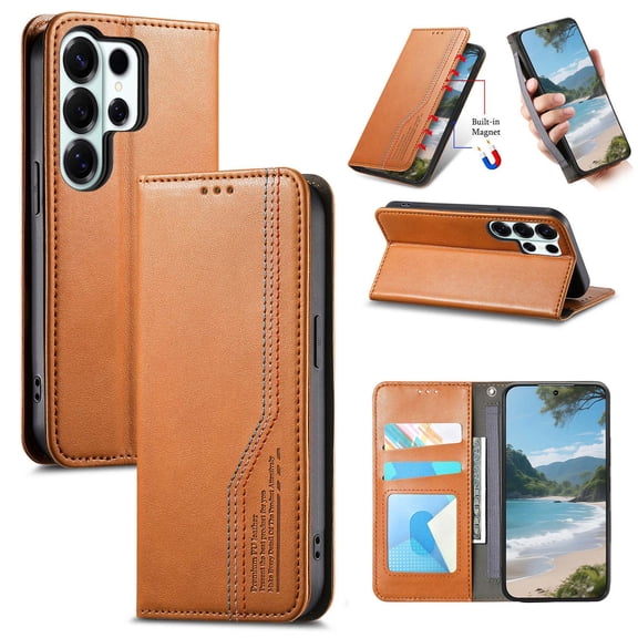 For Samsung Galaxy S24 Ultra Flip phone Case,Magnetic Folio Closure,PU Leather Flip Folding Kickstand,With Card Holder,Three-color Thread Design,Shockproof Anti-fall Durable Phone Case,Brown