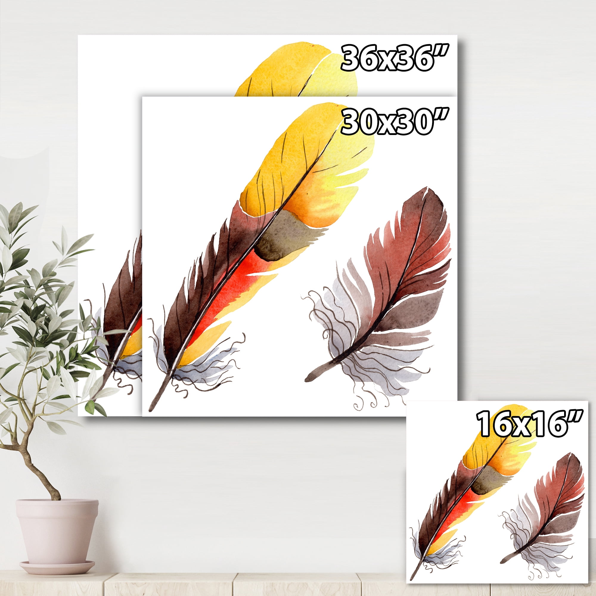 Colourful Boho Art Feathers IV 16 in x 16 in Painting Canvas Art Print, by Designart