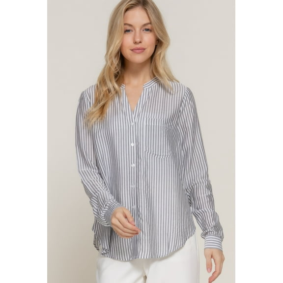 Long Slv Split Round Neck Stripe Woven Shirt