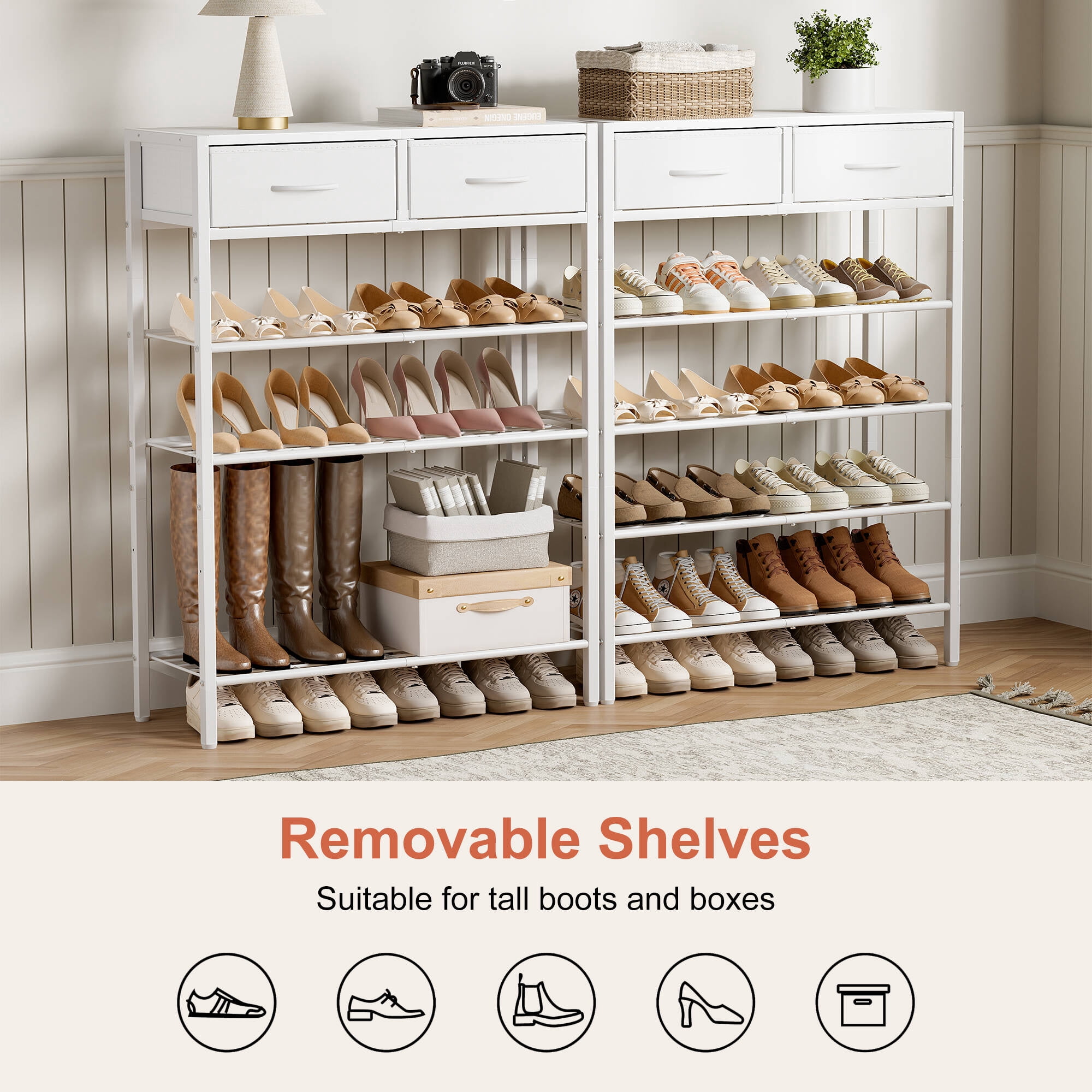 BGTREND 5-Tier Shoe Rack Organizer with Wooden Top and 2 Fabric Drawers, Shoe Stand Shelf for Entryway Hallway, White