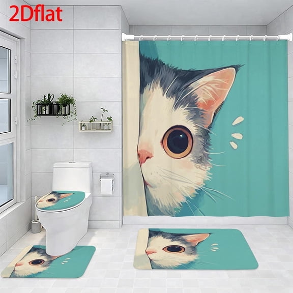 Peeking Cat Shower Curtain Set with 12 Hooks, Rugs & Accessories