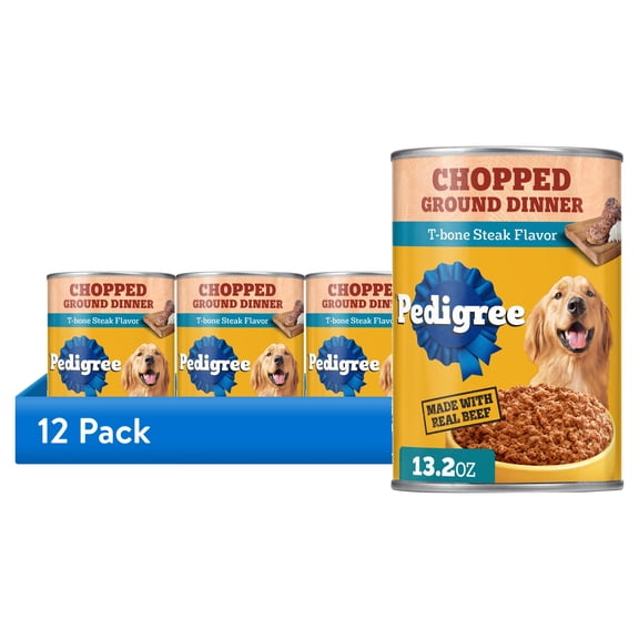 (12 pack) Pedigree Chopped Ground Dinner T-Bone Steak Flavor Adult Wet Dog Food, (12) 13.2 Oz Cans